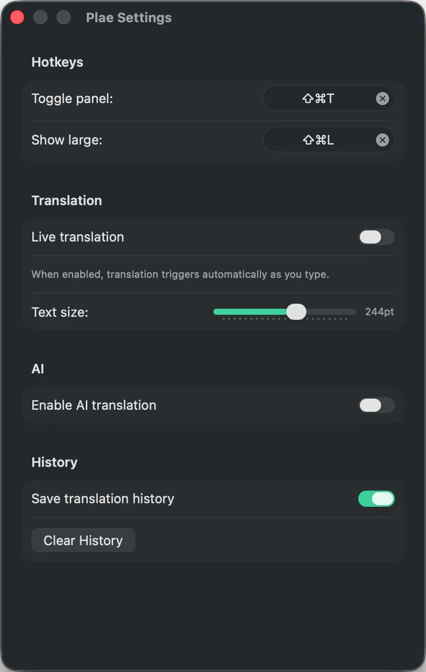 Plae settings configured for Apple Translation