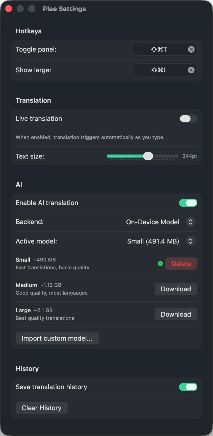 Plae settings configured for Built-in AI model